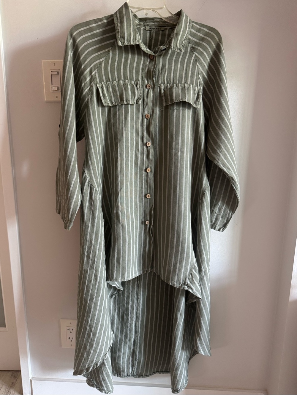 Meo Meli Italian Linen Sage Green Striped High Low Long Tunic Top Duster Dress L